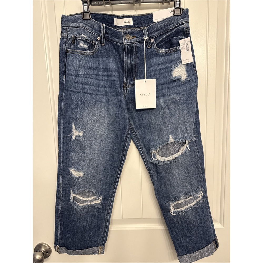Kancan Boyfriend Denim Jeans 9/ 28 Distressed Cut Off Light Blue Wash NWT